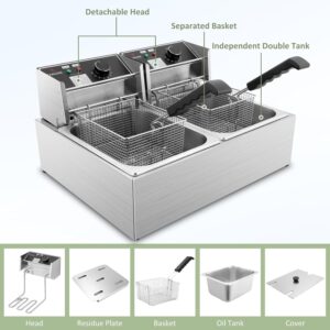 Commercial Deep Fryer, 3400W Electric Deep Fryers with 2x6.35QT Baskets Thickened Stainless Steel Countertop Oil Fryer 20.7QT Large Capacity with Lids Temperature Controller (12L) - Image 4