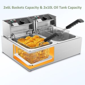 Commercial Deep Fryer, 3400W Electric Deep Fryers with 2x6.35QT Baskets Thickened Stainless Steel Countertop Oil Fryer 20.7QT Large Capacity with Lids Temperature Controller (12L) - Image 5