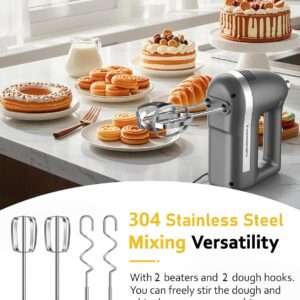 Electric Hand Mixer, Powerful Hand Mixer Electric Handheld with 304 Beaters, Dough Hook,Hand Held Mixer with Turbo for Baking Cakes, Eggs, Cream Food(Grey) - Image 3