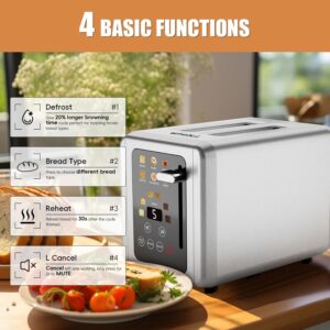 WHALL Touch Screen Toaster 2 Slice,Smart Digital Toaster with 1.5" Wide Slots,6 Shade Settings & 6 Bread Types,Memory Function,Countdown Timer,Brushed Stainless,Ideal Kitchen Gift & Essential - Image 7
