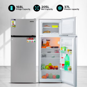 GEEPAS 240L Gross/205L Net Capacity Double Door Defrost Refrigerator| With faster Cooling, Long Lasting Freshness, Extra Space, VCM Steel Body,Tempered Glass Shelves, Handle Lock And Key, Temperature Control, LED Lighting|37L Freezer Capacity 240 L GRF2400SXE Silver - Image 3