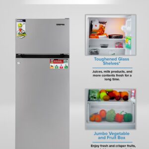 GEEPAS 240L Gross/205L Net Capacity Double Door Defrost Refrigerator| With faster Cooling, Long Lasting Freshness, Extra Space, VCM Steel Body,Tempered Glass Shelves, Handle Lock And Key, Temperature Control, LED Lighting|37L Freezer Capacity 240 L GRF2400SXE Silver - Image 5