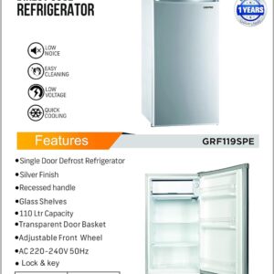 GEEPAS Defrost Mini Fridge 110L Capacity With Lamp, Door Lock & Key | Low Noise Design, Compact, Powerful Compressor, Energy Saving, Faster Cooling, Adjustable Thermostat GRF115SPEH Silver - Image 2
