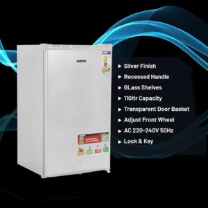 GEEPAS Defrost Mini Fridge 110L Capacity With Lamp, Door Lock & Key | Low Noise Design, Compact, Powerful Compressor, Energy Saving, Faster Cooling, Adjustable Thermostat GRF115SPEH Silver - Image 5