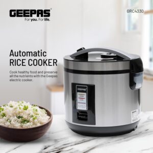GEEPAS Rice Cooker 1.8 L Durable Construction| Removable Non-Stick Pot, Cool Touch Handle| Includes Cook, Warm Functions, Plastic Steamer| Perfect for Vegetables, Soups, Sauces etc |762W 1.8 L 762 W GRC4330 Black/Silver - Image 9