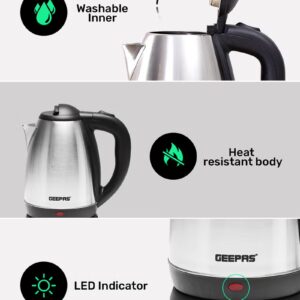 GEEPAS Electric Tea Kettle 1.8 L, Auto Shut Off And Boil Dry Protection, Safety Lock Lid, 360 Degree Rotational Base, Stainless Steel, Ergonomic Handle, Perfect Pour, Large Capacity 1.8 L 1500 W GK5454B Silver/Black - Image 3