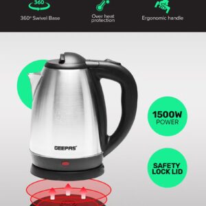 GEEPAS Electric Tea Kettle 1.8 L, Auto Shut Off And Boil Dry Protection, Safety Lock Lid, 360 Degree Rotational Base, Stainless Steel, Ergonomic Handle, Perfect Pour, Large Capacity 1.8 L 1500 W GK5454B Silver/Black - Image 4
