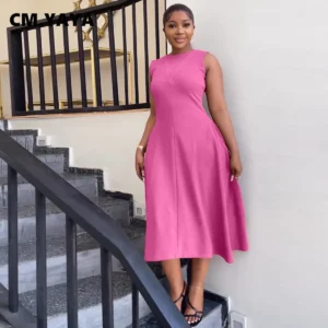 CM.YAYA Women Fashion Solid Sleeveless High Waist Big Swing A-line Dress 2023 Office Lady Female Basic Dresses Vestidos - Image 3