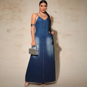 Long Dress Women Denim Dresses Sling A Line Vestidos V Neck Sleeveless Elegant Maxi Y2k Streetwear High Waist Summer 2025 - Image 2