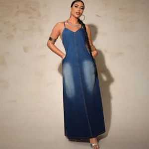 Long Dress Women Denim Dresses Sling A Line Vestidos V Neck Sleeveless Elegant Maxi Y2k Streetwear High Waist Summer 2025 - Image 3