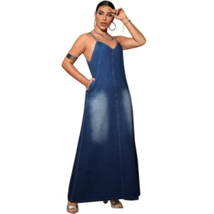 Long Dress Women Denim Dresses Sling A Line Vestidos V Neck Sleeveless Elegant Maxi Y2k Streetwear High Waist Summer 2025 - Image 5