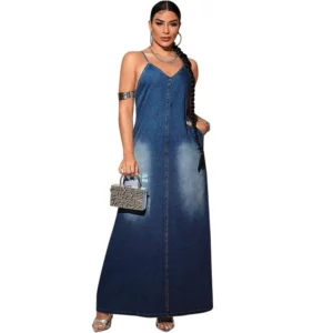 Long Dress Women Denim Dresses Sling A Line Vestidos V Neck Sleeveless Elegant Maxi Y2k Streetwear High Waist Summer 2025 - Image 6
