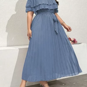 GIBSIE Plus Size Solid Off Shoulder Ruffle Dress Women Summer 2026 Vacation Style Elegant High Waist Belted Pleated Long Dresses - Image 1