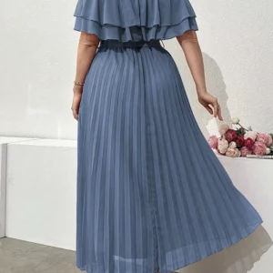 GIBSIE Plus Size Solid Off Shoulder Ruffle Dress Women Summer 2026 Vacation Style Elegant High Waist Belted Pleated Long Dresses - Image 2