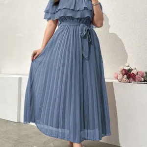 GIBSIE Plus Size Solid Off Shoulder Ruffle Dress Women Summer 2026 Vacation Style Elegant High Waist Belted Pleated Long Dresses - Image 3