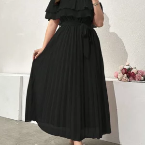 GIBSIE Plus Size Solid Off Shoulder Ruffle Dress Women Summer 2026 Vacation Style Elegant High Waist Belted Pleated Long Dresses - Image 4