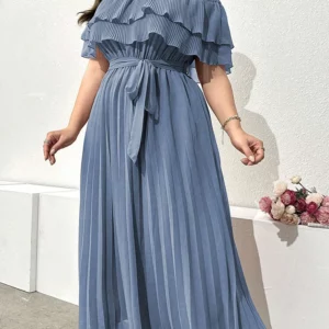 GIBSIE Plus Size Solid Off Shoulder Ruffle Dress Women Summer 2026 Vacation Style Elegant High Waist Belted Pleated Long Dresses - Image 5