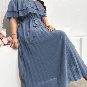 GIBSIE Plus Size Solid Off Shoulder Ruffle Dress Women Summer 2026 Vacation Style Elegant High Waist Belted Pleated Long Dresses - Image 6