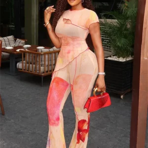 Weird Puss Stylish Floral Print 2-Piece Set Women O-Neck Irregular Hollow Ruffle Split Hem Top+Flare Pants Elegant Vacation Suit - Image 2