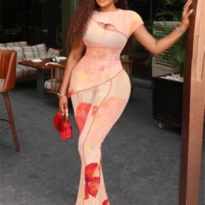 Weird Puss Stylish Floral Print 2-Piece Set Women O-Neck Irregular Hollow Ruffle Split Hem Top+Flare Pants Elegant Vacation Suit - Image 6