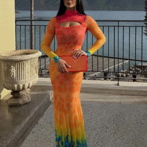 kliou Mesh Panelled Women Maxi Dress Sexy Stunning Point Print Full Sleeve O-neck Sheath Robe Mujer Hipster Festival Party Frock - Image 5