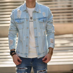 Streetwear Men Ripped Solid Slim Denim Jacket High Quality Male Holes Motorcycle Casual Denim Jacket Coat - Image 2