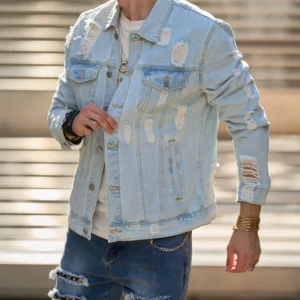 Streetwear Men Ripped Solid Slim Denim Jacket High Quality Male Holes Motorcycle Casual Denim Jacket Coat - Image 7