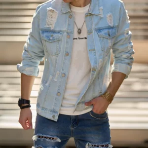 Streetwear Men Ripped Solid Slim Denim Jacket High Quality Male Holes Motorcycle Casual Denim Jacket Coat - Image 6