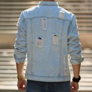 Streetwear Men Ripped Solid Slim Denim Jacket High Quality Male Holes Motorcycle Casual Denim Jacket Coat - Image 5