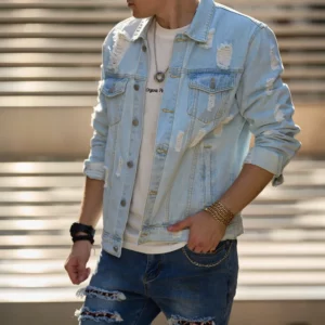 Streetwear Men Ripped Solid Slim Denim Jacket High Quality Male Holes Motorcycle Casual Denim Jacket Coat - Image 4