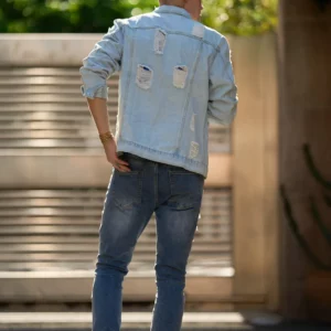 Streetwear Men Ripped Solid Slim Denim Jacket High Quality Male Holes Motorcycle Casual Denim Jacket Coat - Image 3