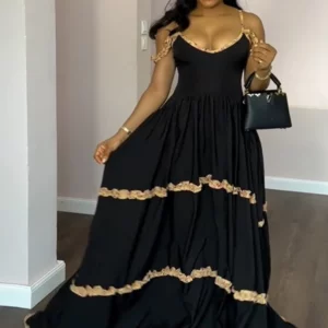 Summer Dress Ladies Floral V Neck Sexy Thin Strap Dress Chic Elegant Women Long Loose Black Dress Wholesale Dropshipping - Image 6
