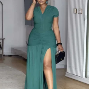 Green Evening Dress for Women V Neck Summer Slimming Dress with Slit Draped Waist Long Dresses Elegant and Casual Ladies - Image 1