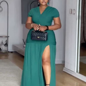 Green Evening Dress for Women V Neck Summer Slimming Dress with Slit Draped Waist Long Dresses Elegant and Casual Ladies - Image 2