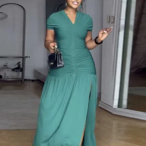 Green Evening Dress for Women V Neck Summer Slimming Dress with Slit Draped Waist Long Dresses Elegant and Casual Ladies - Image 4