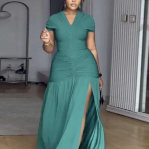 Green Evening Dress for Women V Neck Summer Slimming Dress with Slit Draped Waist Long Dresses Elegant and Casual Ladies - Image 5