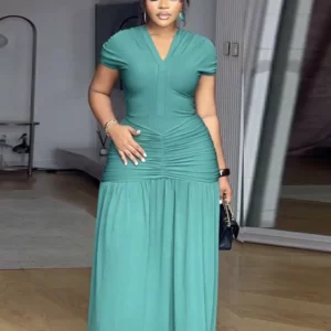 Green Evening Dress for Women V Neck Summer Slimming Dress with Slit Draped Waist Long Dresses Elegant and Casual Ladies - Image 6