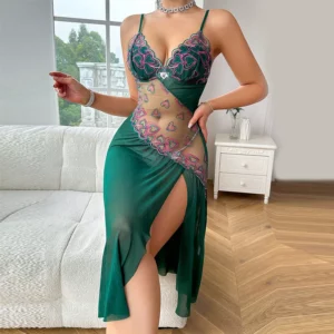 Women Sexy Nightgown Mesh Splicing Summer Pajamas V-Neck Hollow Suspenders Night Dress Heart Embroidery Sexy Nightwear Pajamas - Image 1