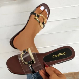 Summer 2025 New Women's Large Fashion Sandals and Slippers Summer New Flat Metal Strap Sandals - Image 2
