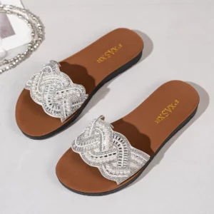 PXASXR Pearl Sandals for Women Fashionable Wear-Resistant Flat Bottom Slippers Comfortable Casual Beachwear Outdoor Slippers - Image 1