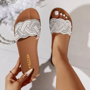PXASXR Pearl Sandals for Women Fashionable Wear-Resistant Flat Bottom Slippers Comfortable Casual Beachwear Outdoor Slippers - Image 6