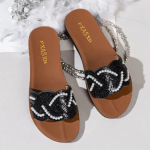 PXASXR Pearl Sandals for Women Fashionable Wear-Resistant Flat Bottom Slippers Comfortable Casual Beachwear Outdoor Slippers - Image 4