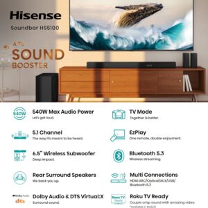 Hisense HS5100 5.1Ch Sound Bar with Wireless Subwoofer, 540W, Dolby Digital Plus, Bluetooth 5.3, EzPlay, Roku TV Ready, DTS: X, HDMI/AUX/ARC/Optical/USB (HS5100, 2024 Model) - Image 10