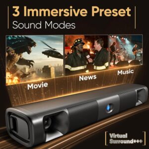 Saiyin Sound Bar for Smart TV, 60W Bluetooth 5.3 Soundbar with Dual Bass Drivers&Clear Voice, Virtual Surround Sound System with TV-ARC/Optical/AUX for TV/PC/Gaming/Projectors, 17 inch, Wall Mountable - Image 3