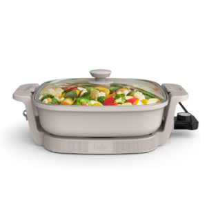 bella Make & Take Electric Skillet, Fits-anywhere™ kitchenware, EverGood™ Ceramic Coating, Adjustable Temperature & Dishwasher-Safe Tempered Glass Lid, Cast Aluminum Base, 1200 Watt, Oatmilk - Image 2