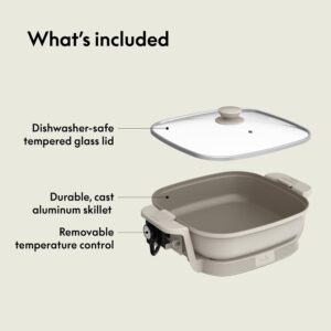bella Make & Take Electric Skillet, Fits-anywhere™ kitchenware, EverGood™ Ceramic Coating, Adjustable Temperature & Dishwasher-Safe Tempered Glass Lid, Cast Aluminum Base, 1200 Watt, Oatmilk - Image 4