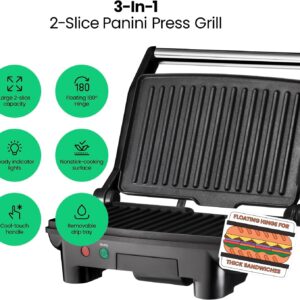 Chefman Electric Panini Press Grill, Compact 2-Slice Sandwich Maker, Non-Stick Coated Plates, Opens 180 Degrees, Dishwasher Safe, Removable Drip Tray, Stainless Steel/Black - Image 6