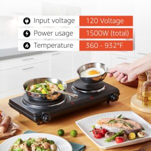 Elite Gourmet EDB-302BF# Countertop Double Cast Iron Burner, 1500 Watts Electric Hot Plate, Temperature Controls, Power Indicator Lights, Easy to Clean, Black - Image 2