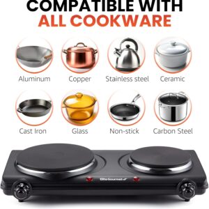 Elite Gourmet EDB-302BF# Countertop Double Cast Iron Burner, 1500 Watts Electric Hot Plate, Temperature Controls, Power Indicator Lights, Easy to Clean, Black - Image 3