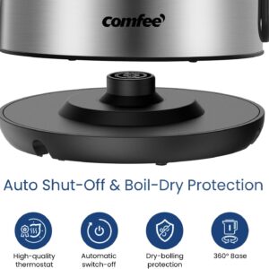 COMFEE' Stainless Steel Electric Kettle, 1.7 Liter Tea Kettle Electric & Hot Water Kettle, 1500W Fast Boil with LED Light, Auto Shut-Off and Boil-Dry Protection - Image 7